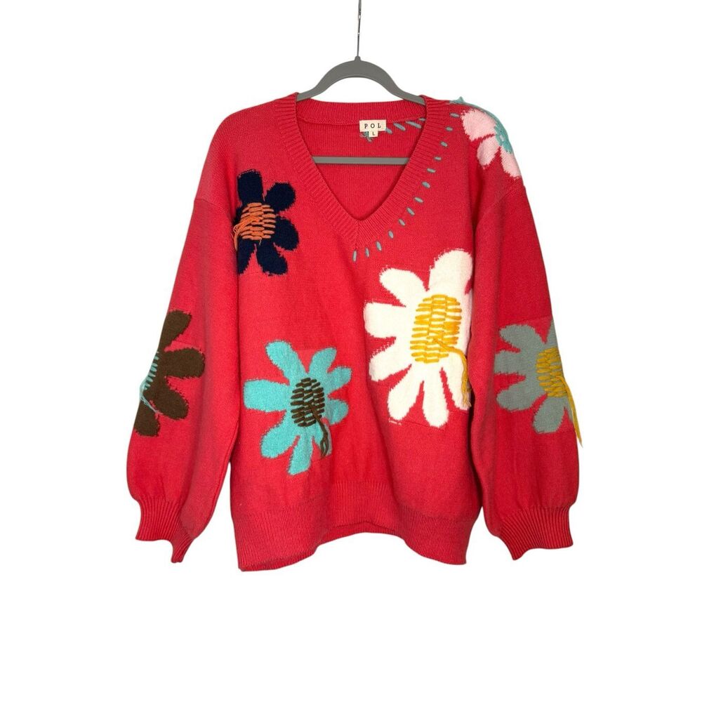 POL Floral Pattern Print Sweater in Hot Pink Size Large